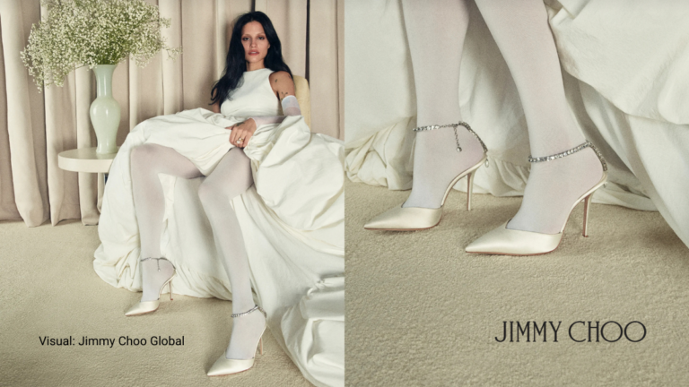 The Rebel Bride: Jimmy Choo Drops "The Rules of Engagement" 2026 Bridal Collection in India 7 Gabbriette wearing ivory satin Jimmy Choo SAEDA pumps with crystal-embellished anklets for the 2026 Bridal Collection.