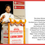 A wide-angle shot of the stage at Akashwani Bhawan showing dignitaries, including Minister Scindia and Dr. Chandra Sekhar Pemmasani, seated during the 24 Speed Post inauguration ceremony.