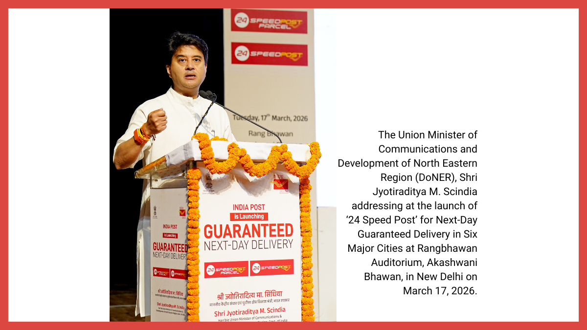 A wide-angle shot of the stage at Akashwani Bhawan showing dignitaries, including Minister Scindia and Dr. Chandra Sekhar Pemmasani, seated during the 24 Speed Post inauguration ceremony.