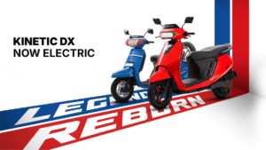 A side-by-side comparison of the classic blue Kinetic Honda and the new red Kinetic DX EV electric scooter on a 'Legend Re...