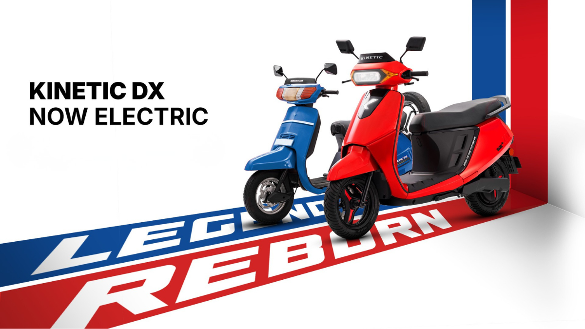 The 2026 Kinetic DX EV: India’s ‘Metal Legend’ Enters Full-Scale Commercial Launch 1 A side-by-side comparison of the classic blue Kinetic Honda and the new red Kinetic DX EV electric scooter on a 'Legend Reborn' branded track.