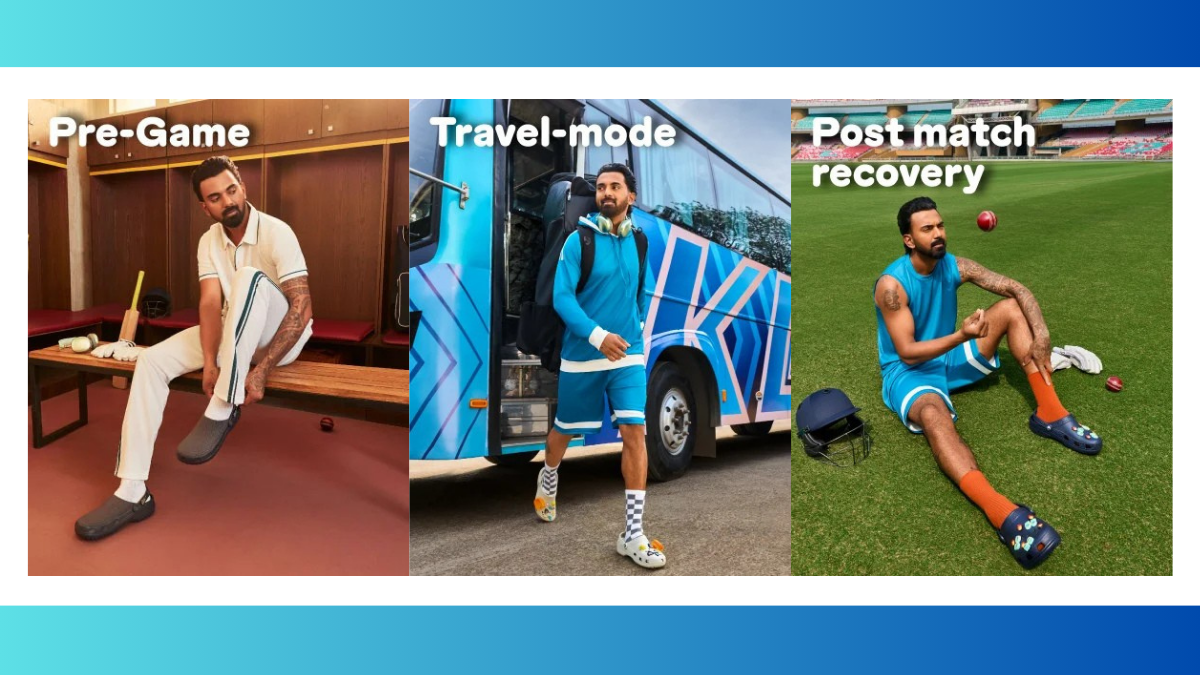 KL Rahul Goes Global: Inside the Historic Partnership with Crocs as First Indian Athlete Ambassador 2 A three-panel collage showing KL Rahul wearing Crocs for pre-game preparation, travel mode, and post-match recovery on the cricket field.