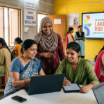 A group of Indian women entrepreneurs collaborating in a high-tech Lakhpati Didi Digital Hub with laptops, tablets, and a digital smartboard.
