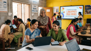 A group of Indian women entrepreneurs collaborating in a high-tech Lakhpati Didi Digital Hub with laptops, tablets, and a ...