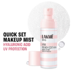 Front view of the Lakmé 9to5 Hya Beach Edit Makeup Mist bottle featuring Hyaluronic Acid and UV Protection branding.