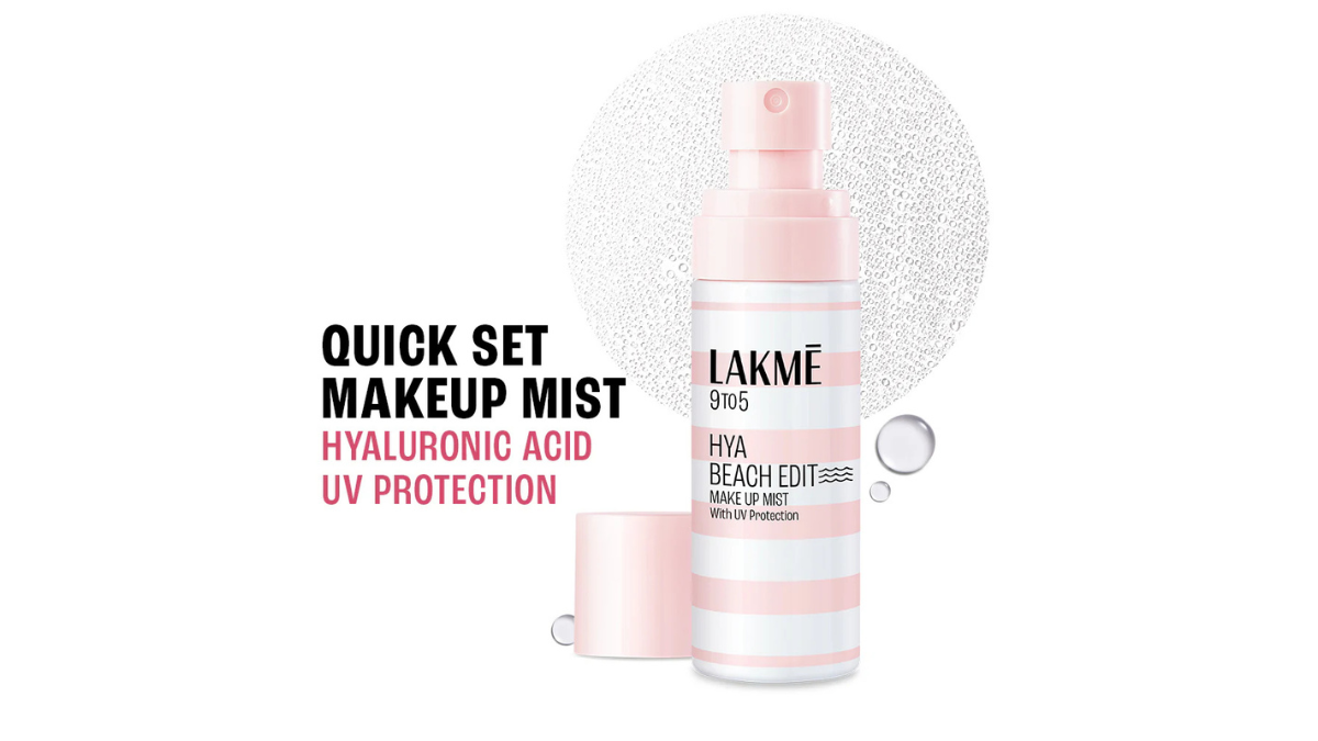 Front view of the Lakmé 9to5 Hya Beach Edit Makeup Mist bottle featuring Hyaluronic Acid and UV Protection branding.