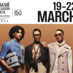 Three male models in contemporary luxury prêt-à-porter posing below the dates 19-22 March for Lakmé Fashion Week x FDCI.