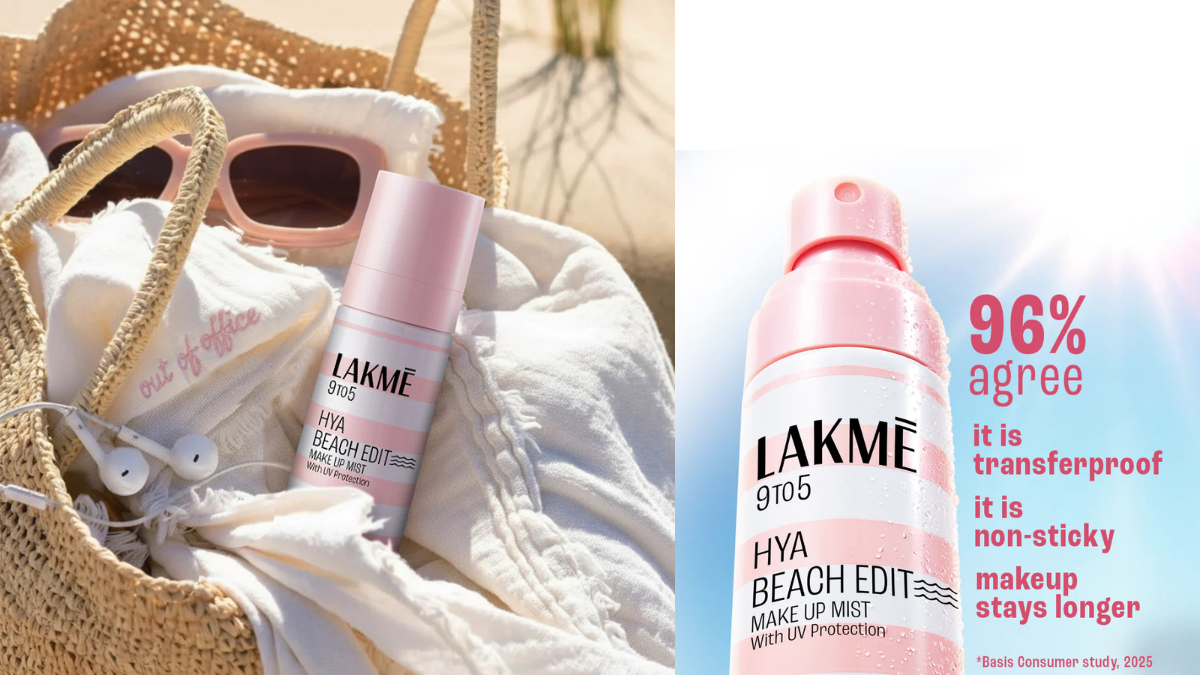 Lakmé 9to5 Hya Beach Edit spray tucked into a beach bag with sunglasses and a towel, representing the "out of office" summer vibe.