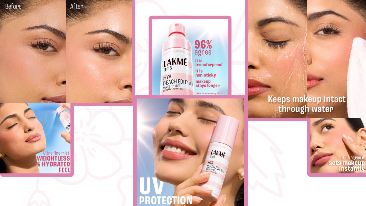 A collage showing before and after makeup results, water-resistance testing, and consumer study stats for Lakmé Hya Beach Edit spray.