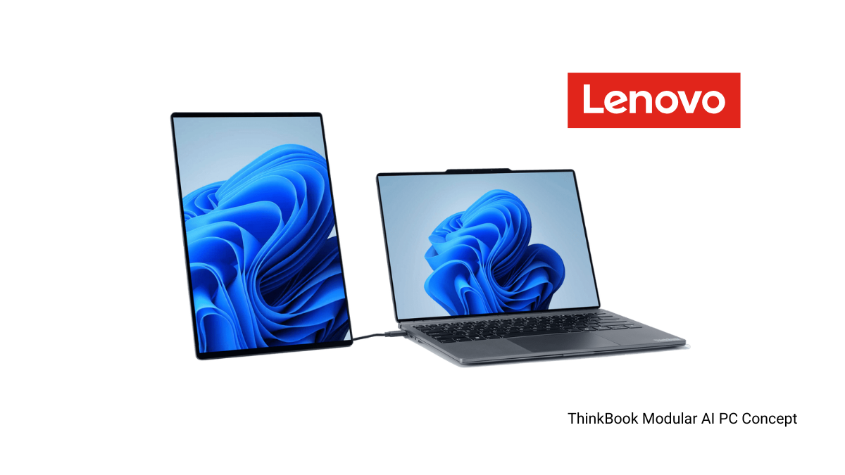 Lenovo ThinkBook Modular AI PC Concept showing a 14-inch laptop connected to a detachable secondary display in vertical orientation for expanded workspace.