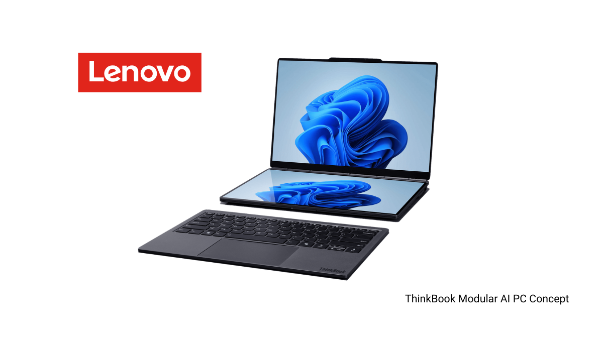 Lenovo ThinkBook Modular AI PC Concept in dual-screen mode with the Bluetooth keyboard detached and a secondary display module integrated into the base.