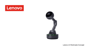 A Lenovo ThinkBook Modular AI PC Concept laptop connected via cable to a detachable 14-inch secondary display positioned i...