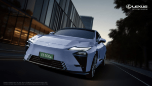 Front view of the all-electric Lexus ES 500e featuring the futuristic Spindle Body design and Z-shaped LED headlights in I...