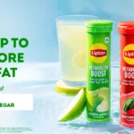 Infographic showing Lipton Metabolism Boost tubes in Green Apple and Watermelon flavors with the claim "Lose up to 30% mor...