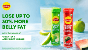 Infographic showing Lipton Metabolism Boost tubes in Green Apple and Watermelon flavors with the claim "Lose up to 30% mor...