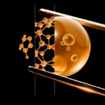 A stylized visualization showing three stages of molecular discovery from basic atoms to complex structures, encased in a golden droplet held by golden tweezers.