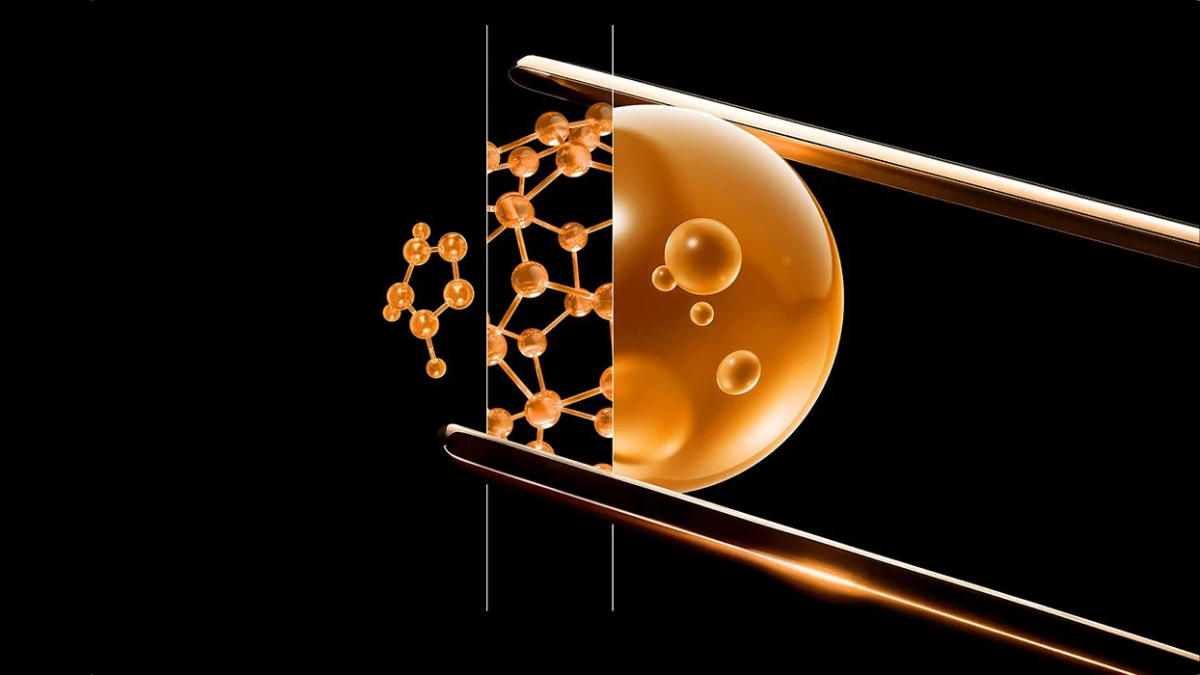 A stylized visualization showing three stages of molecular discovery from basic atoms to complex structures, encased in a golden droplet held by golden tweezers.