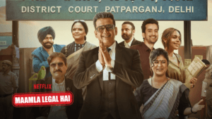 Cast of Netflix series Maamla Legal Hai featuring Ravi Kishan as a lawyer standing in front of the Patparganj District Cou...