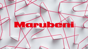 The bold red Marubeni logo positioned over a complex network of red strings connecting white geometric blocks, symbolizing...