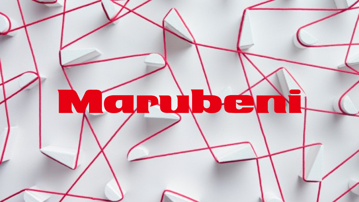 The bold red Marubeni logo positioned over a complex network of red strings connecting white geometric blocks, symbolizing the interconnected investment strategy of the new Marubeni Consumer Platform India (MCPI).
