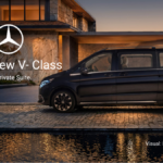 Exterior shot of the Mercedes-Benz V-Class parked in front of a luxury villa at sunset.