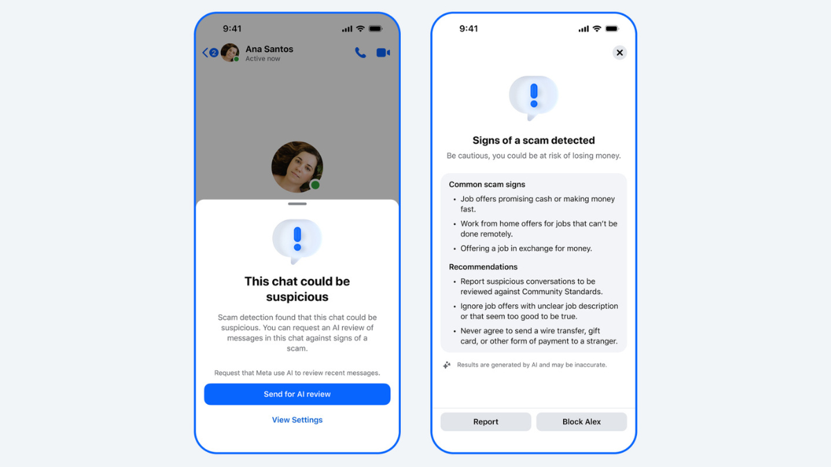 Messenger app interface displaying a suspicious chat warning and an option to "Send for AI review" to detect common signs of job and money scams.