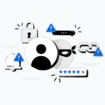 An illustrative graphic representing Meta's 2026 security approach, featuring icons for account linking, notification alerts, password protection, and scammer detection.