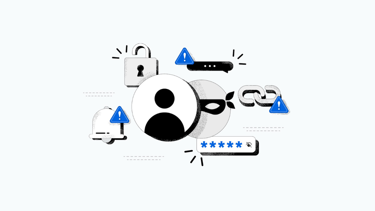 An illustrative graphic representing Meta's 2026 security approach, featuring icons for account linking, notification alerts, password protection, and scammer detection.