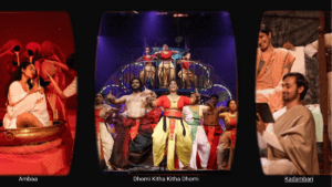 A collage of three plays from the 21st META awards: 'Ambaa' showing a ritualistic milk-pouring scene, 'Dhomi Kitha Kitha D...