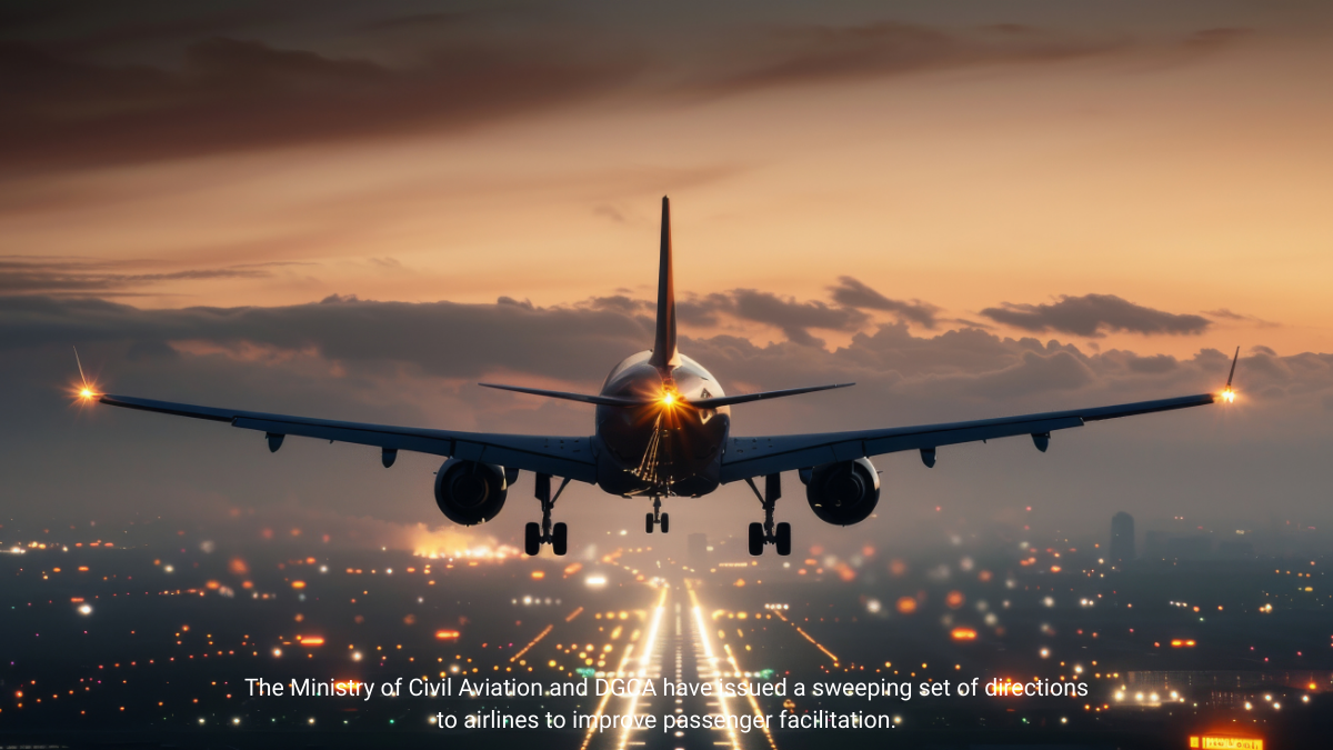 An airplane landing on a lit runway at dusk with text overlay explaining new Ministry of Civil Aviation and DGCA directions for passenger facilitation.