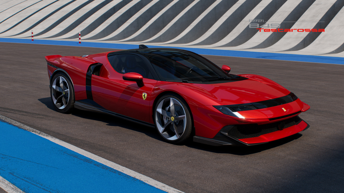 The Legend Reborn: Ferrari 849 Testarossa Officially Debuts in India 3 A futuristic red Ferrari 849 Testarossa concept car parked on a blue-bordered race track with a curved grandstand background.
