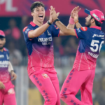 Rajasthan Royals fast bowler Nandre Burger celebrating a wicket with teammates during the TATA IPL 2026 match against Chennai Super Kings in Guwahati.