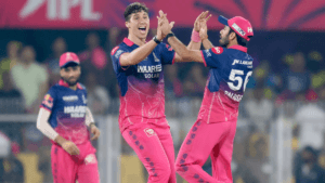 Rajasthan Royals fast bowler Nandre Burger celebrating a wicket with teammates during the TATA IPL 2026 match against Chen...