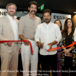 CEO Jeff Shapiro, CM Revanth Reddy, Rana Daggubati, and other dignitaries cutting the red ribbon at the inauguration of Eyeline Studios in Hyderabad.