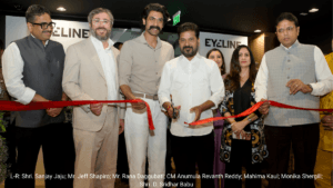 CEO Jeff Shapiro, CM Revanth Reddy, Rana Daggubati, and other dignitaries cutting the red ribbon at the inauguration of Ey...