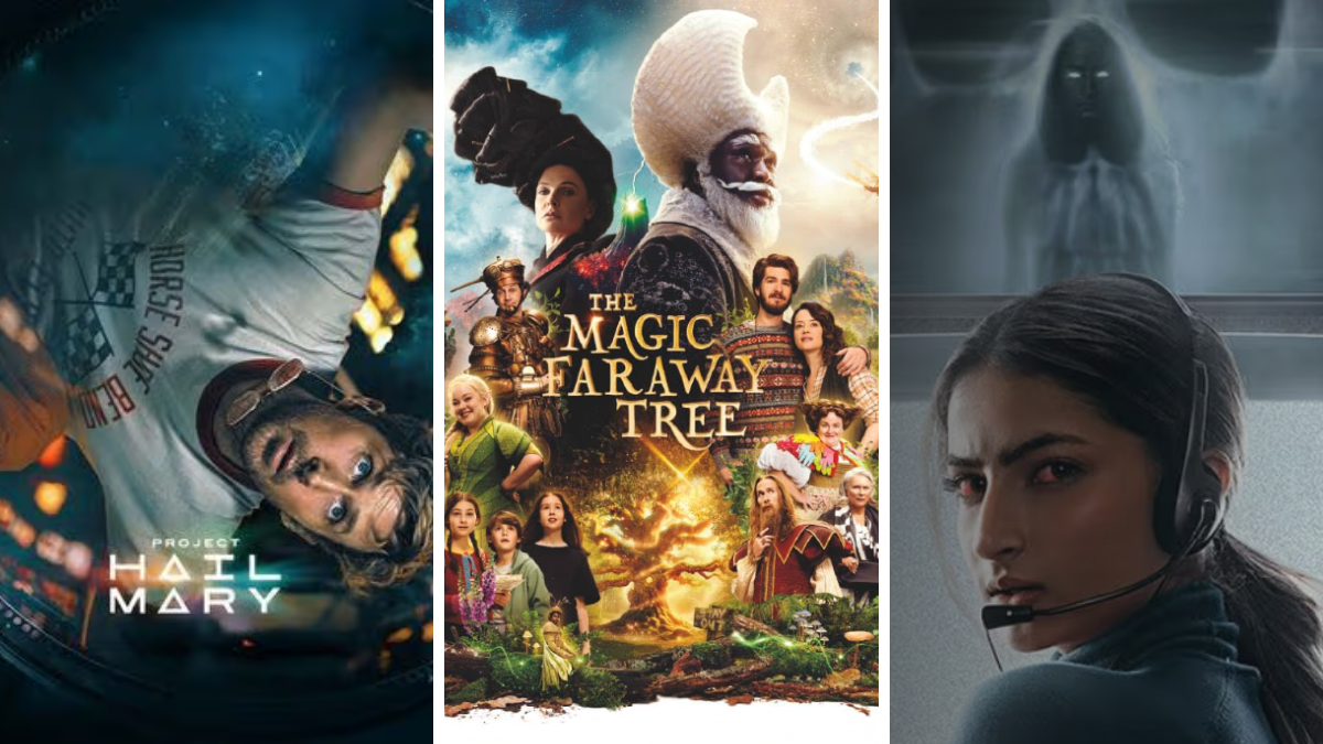Collage of three movie posters for Indian cinema releases: Ryan Gosling in the sci-fi epic Project Hail Mary, Andrew Garfield in the fantasy adventure The Magic Faraway Tree, and Palak Tiwari in the horror-thriller Rosie: The Saffron Chapter.
