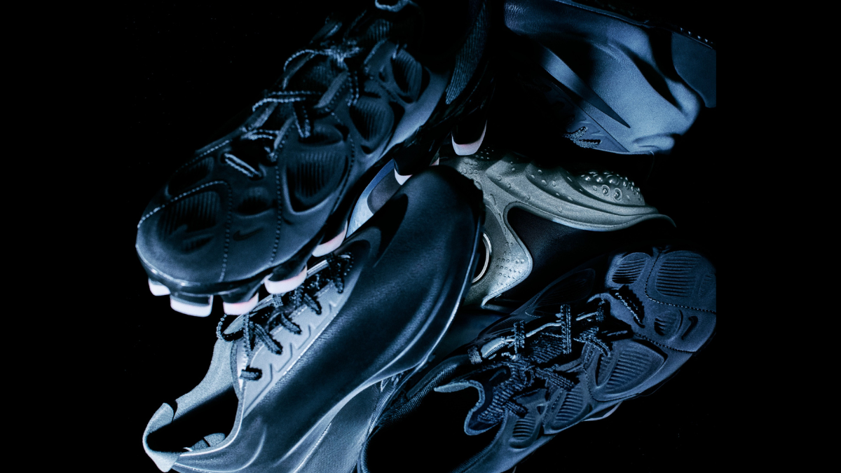 Nike First Sight Collection: India Release Date, Price, and the New Nike.in Era 2 A close-up, top-down view of the Nike First Sight footwear collection showing the intricate textures and sculptural soles of the Noir, Mirage, and Shadow silhouettes.