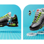 Side profile view of the 'Neon' Volt Air Max 95 x LEGO sneaker on a teal grid blueprint surface, featuring a LEGO minifigure in a white cap carefully constructing the anatomical side panels with a '33-in-1' styled platform holding paint cans, while another studies a workbench.