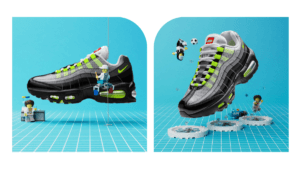 Side profile view of the 'Neon' Volt Air Max 95 x LEGO sneaker on a teal grid blueprint surface, featuring a LEGO minifigu...