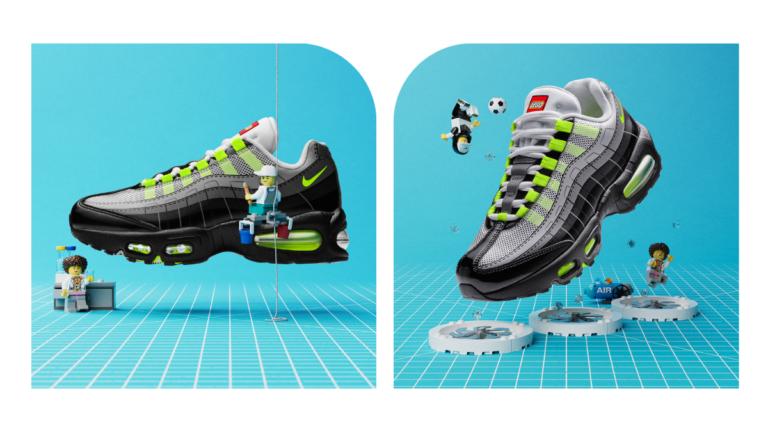 Nike x LEGO Air Max 95 Collection: India Release Date, Expected Price, and Why This 1,213-Piece ‘Volt’ Set is a Must-Have 2 Side profile view of the 'Neon' Volt Air Max 95 x LEGO sneaker on a teal grid blueprint surface, featuring a LEGO minifigure in a white cap carefully constructing the anatomical side panels with a '33-in-1' styled platform holding paint cans, while another studies a workbench.