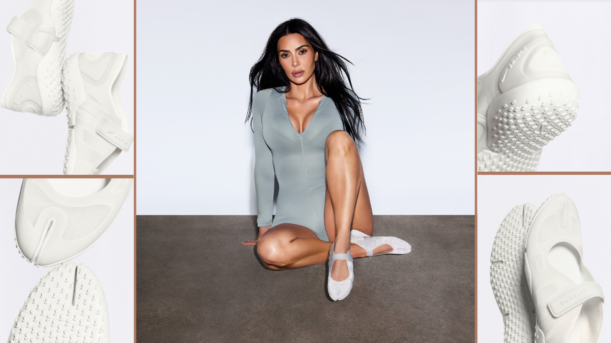 Detailed close-up shots of the NikeSKIMS Rift Mesh in Light Bone colorway, featuring a split-toe design and Mary-Jane style strap.