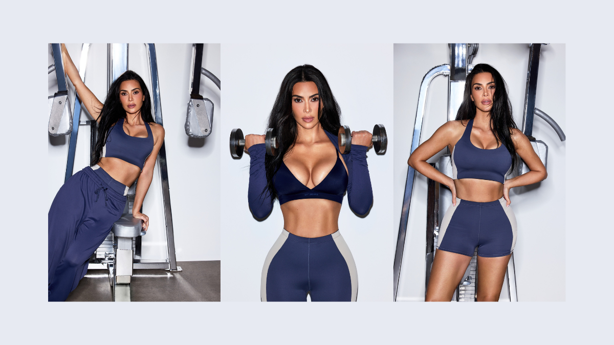 Kim Kardashian in a three-panel collage wearing the NikeSKIMS Deep Royal sports bra, high-waisted shorts, and wide-leg joggers in a gym setting.
