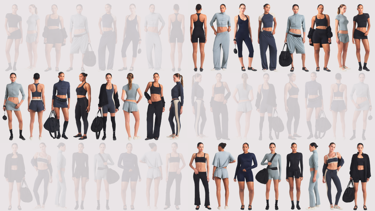 A grid display of the NikeSKIMS Spring 26 collection featuring joggers, sports bras, skorts, and track jackets in Obsidian and Washed Pacific colors.