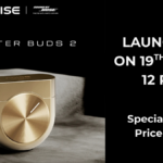 Official launch poster of Noise Master Buds 2 in Aurum color featuring Sound by Bose branding, price ₹7,999, and launch date March 19.