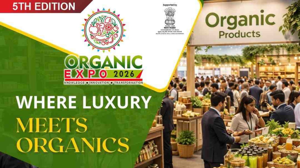 Promotional banner for the 5th edition of Organic Expo 2026 featuring the slogan "Where Luxury Meets Organics" against a backdrop of a busy exhibition hall.