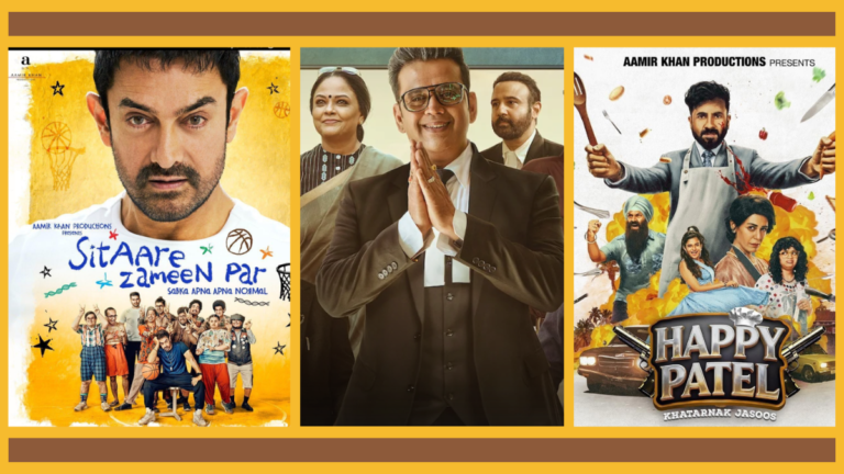 A collage of three major Indian OTT posters for April 2026: Aamir Khan’s Sitaare Zameen Par, Ravi Kishan in Maamla Legal Hai Season 2, and the spy-comedy Happy Patel Khatarnak Jasoos.