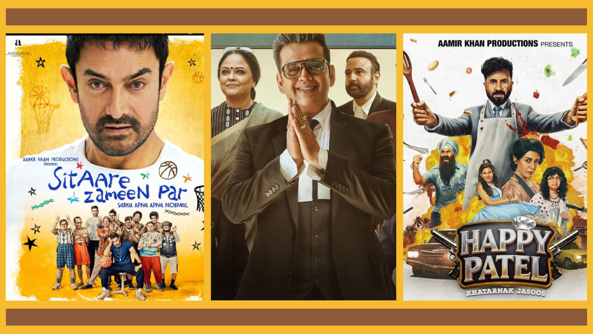 A collage of three major Indian OTT posters for April 2026: Aamir Khan’s Sitaare Zameen Par, Ravi Kishan in Maamla Legal Hai Season 2, and the spy-comedy Happy Patel Khatarnak Jasoos.