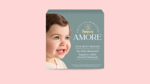 Pampers AMORE product packaging box featuring a smiling baby and text highlighting it as the most absorbent diaper tested ...