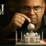 Paresh Rawal uncovering a hidden Shiva Linga under the Taj Mahal dome in a movie poster for The Taj Story.