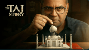 Paresh Rawal uncovering a hidden Shiva Linga under the Taj Mahal dome in a movie poster for The Taj Story.